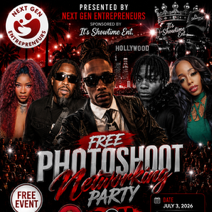Promotional poster for a free photo shoot and modeling party event featuring models and branding.